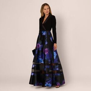 Adrianna Papell Black Top with Blue and Purple Floral Skirt Dress